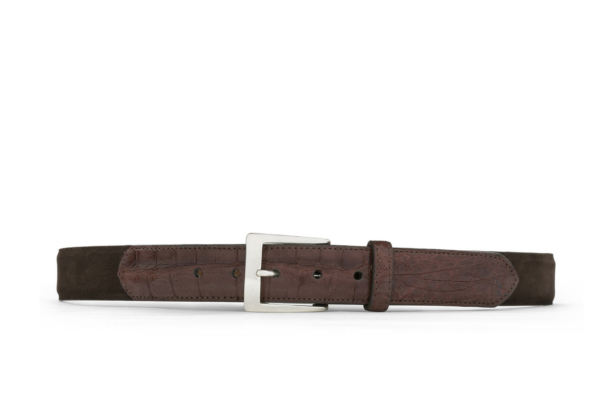 Suede and Caiman Crocodile Belt with Nickel Buckle