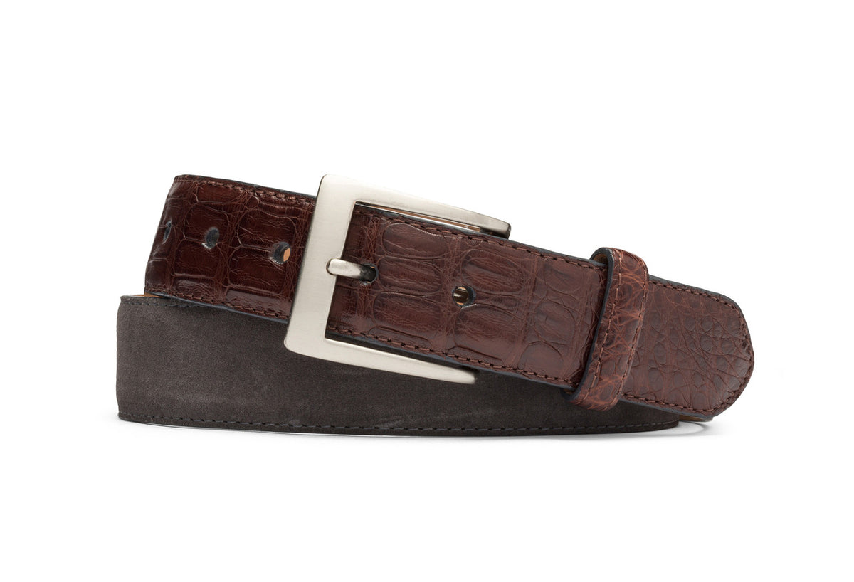 Suede and Caiman Crocodile Belt with Nickel Buckle