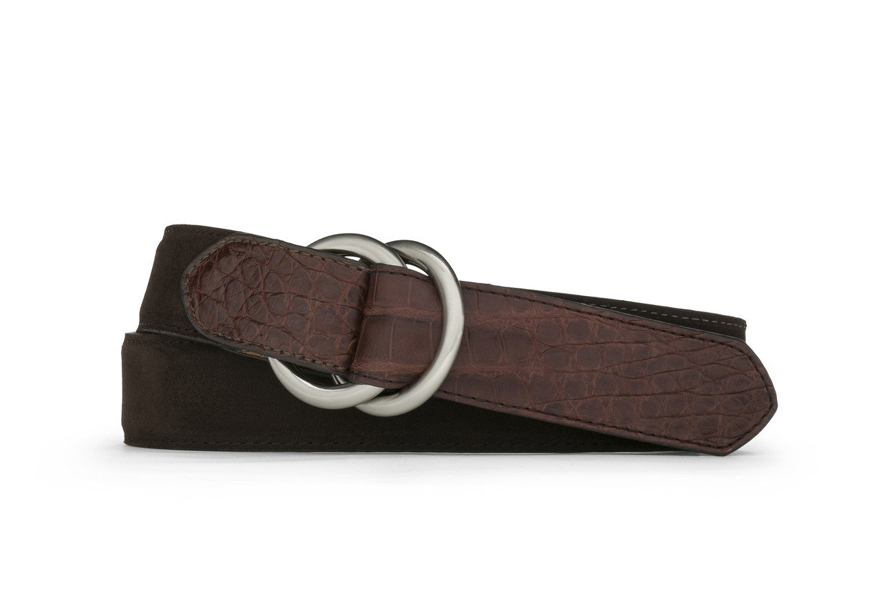 Suede and Caiman Crocodile Belt with O-ring Buckles - w Suede and Caiman Crocodile Belt with O-ring Buckles - w