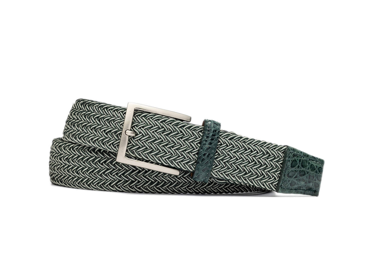 Green Stripe Stretch Belt with Croc Tabs and Brushed Nickel Buckle