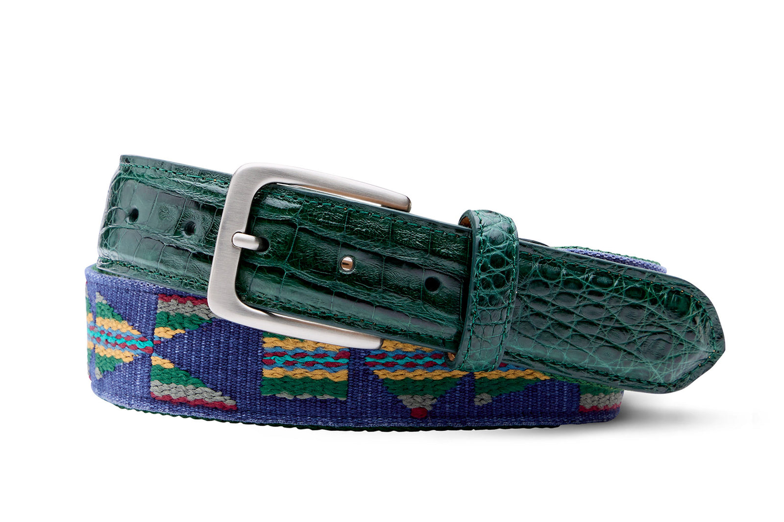 Aztec Needlepoint Belt with Croc Tabs and Brushed Nickel Buckle