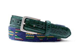 Aztec Needlepoint Belt with Croc Tabs and Brushed Nickel Buckle