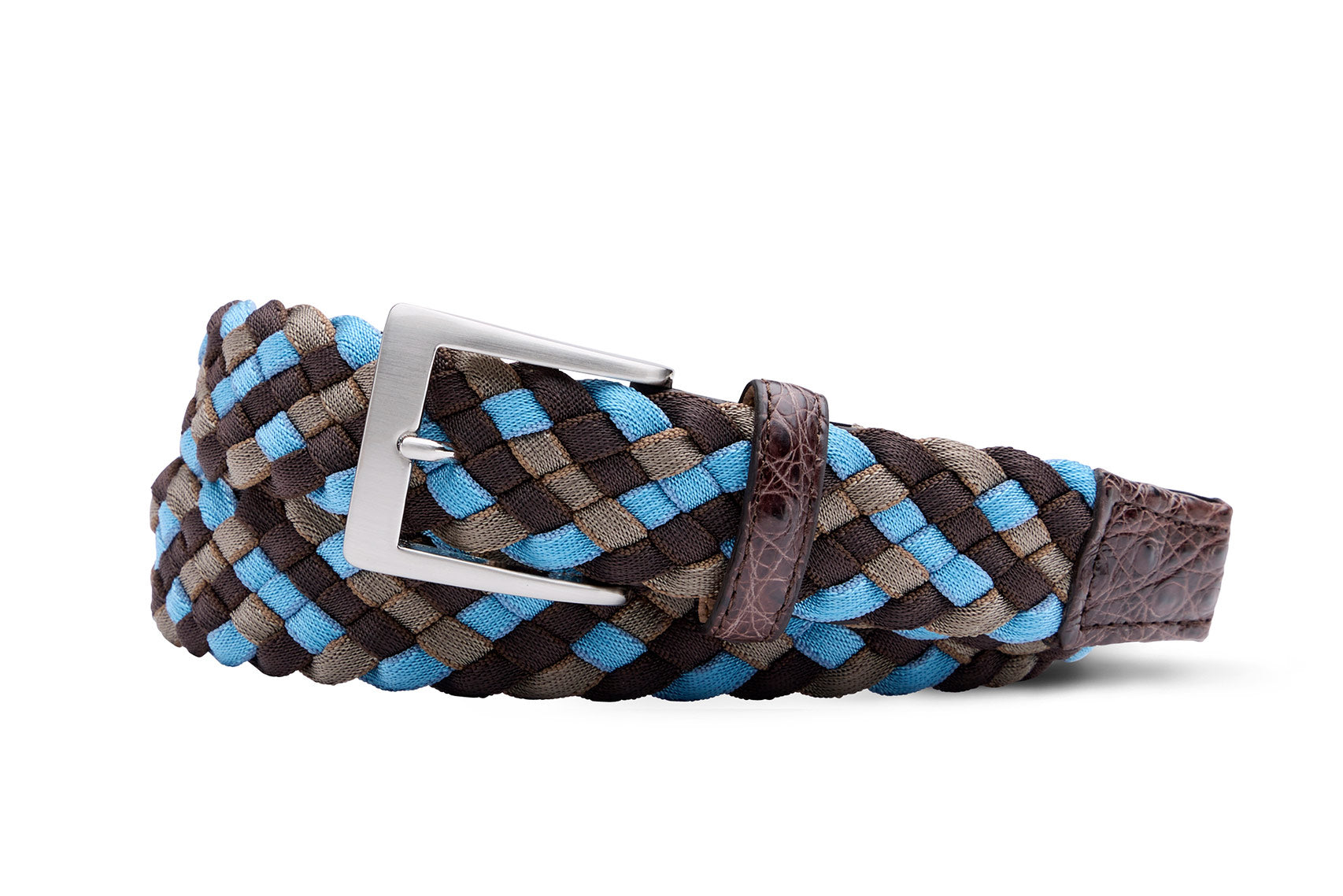 Chocolate/Sky Blue Stretch Cord Belt with Croc Tabs and Brushed Nickel Buckle