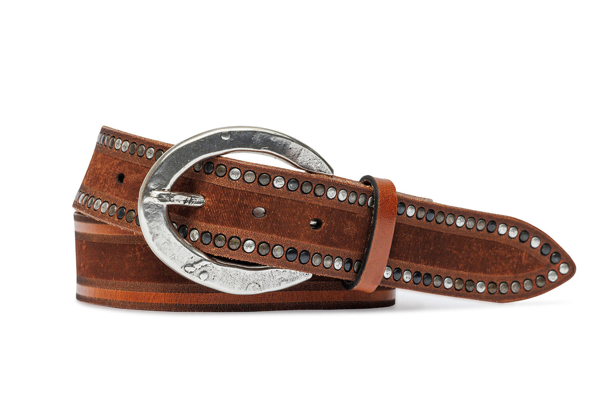 Italian Center Skived Calf Belt with Rivets and Antique Silver Buckle