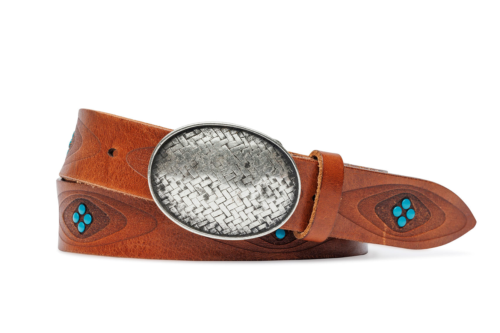 Italian Turquoise Studded Calf Belt with Antiqued Silver Plaque Buckle