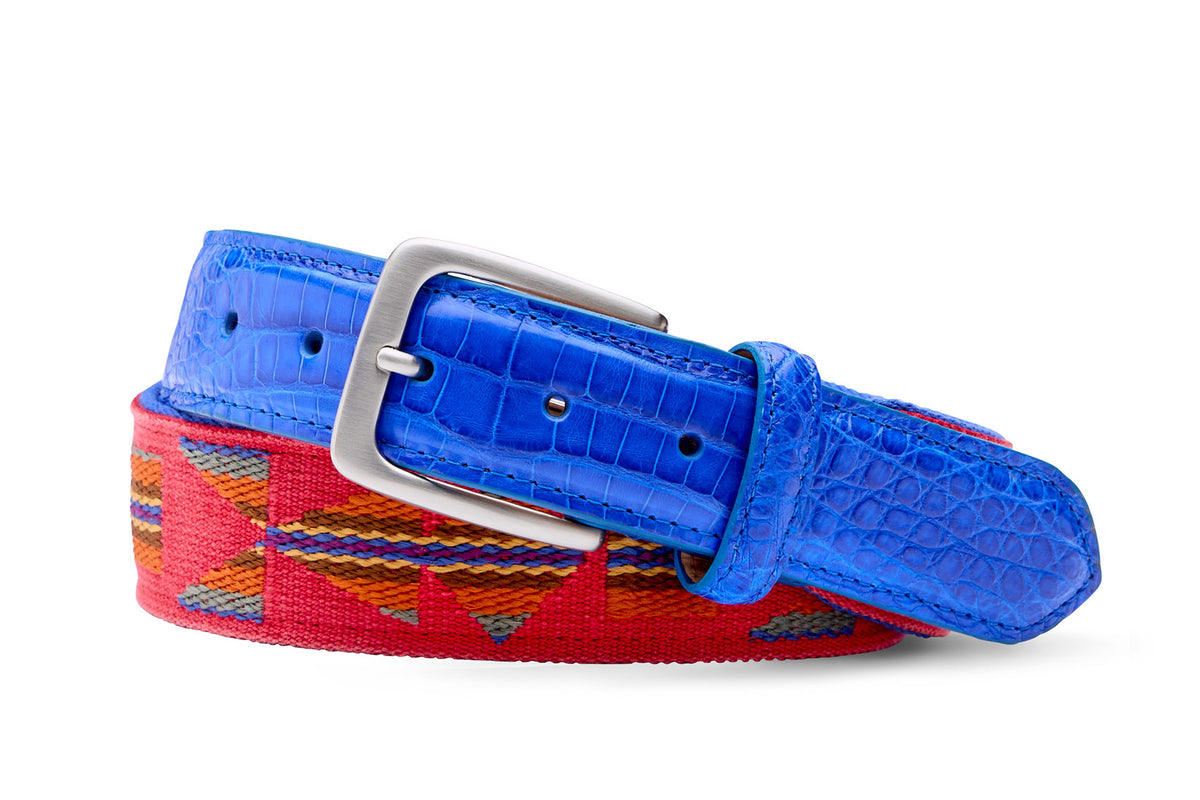 Aztec needlepoint belt with crocodile tabs and brushed nickel buckle by w.kleinberg