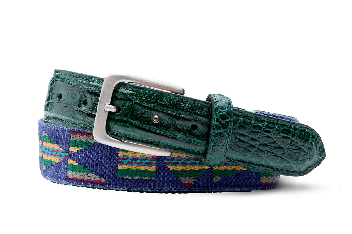 Blue Aztec needlepoint belt with crocodile tabs and brushed nickel buckle by w.kleinberg
