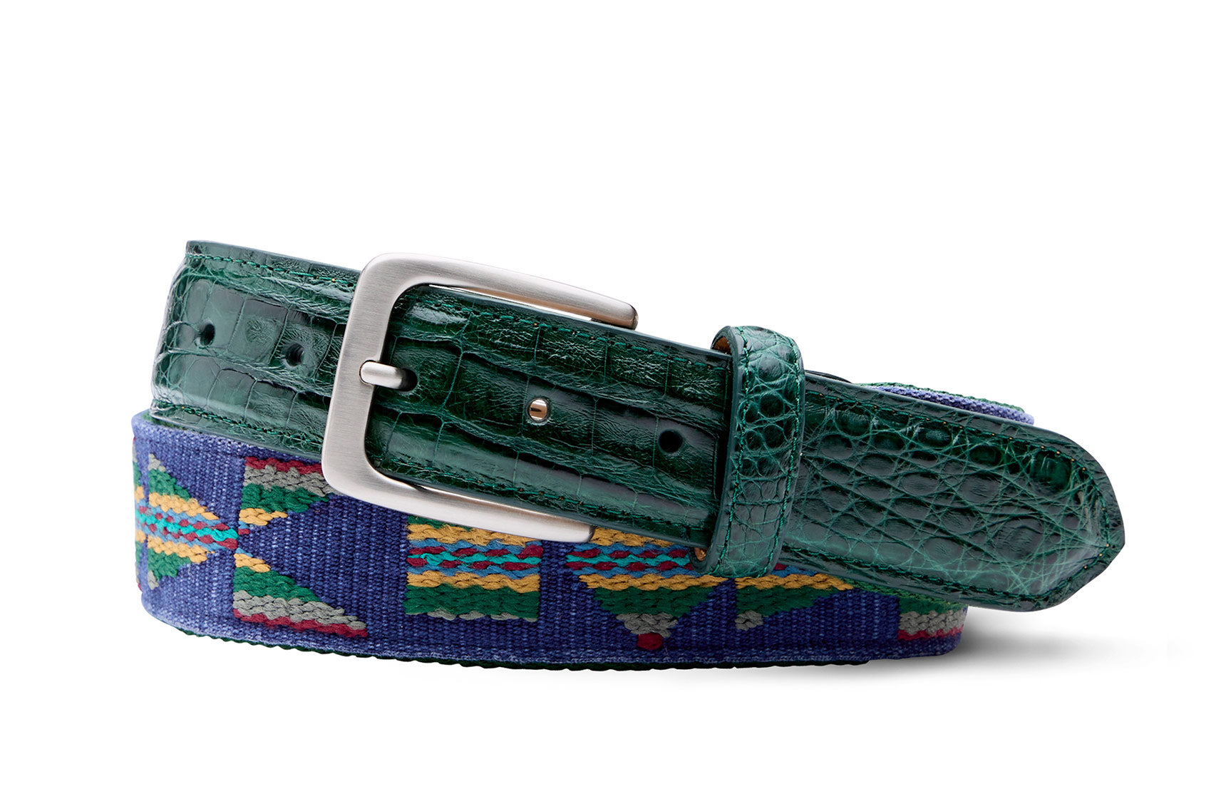 小物 W double nylon belt Aztec Needlepoint Belt with Croc Tabs and Brushed Nickel Buckle