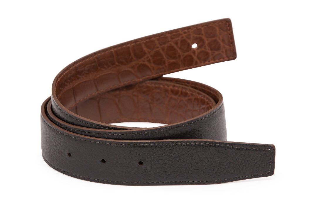 Brown Matte Alligator and Pebbled Calf Reversible H Strap by w.kleinberg showing exotic texture and reversible design