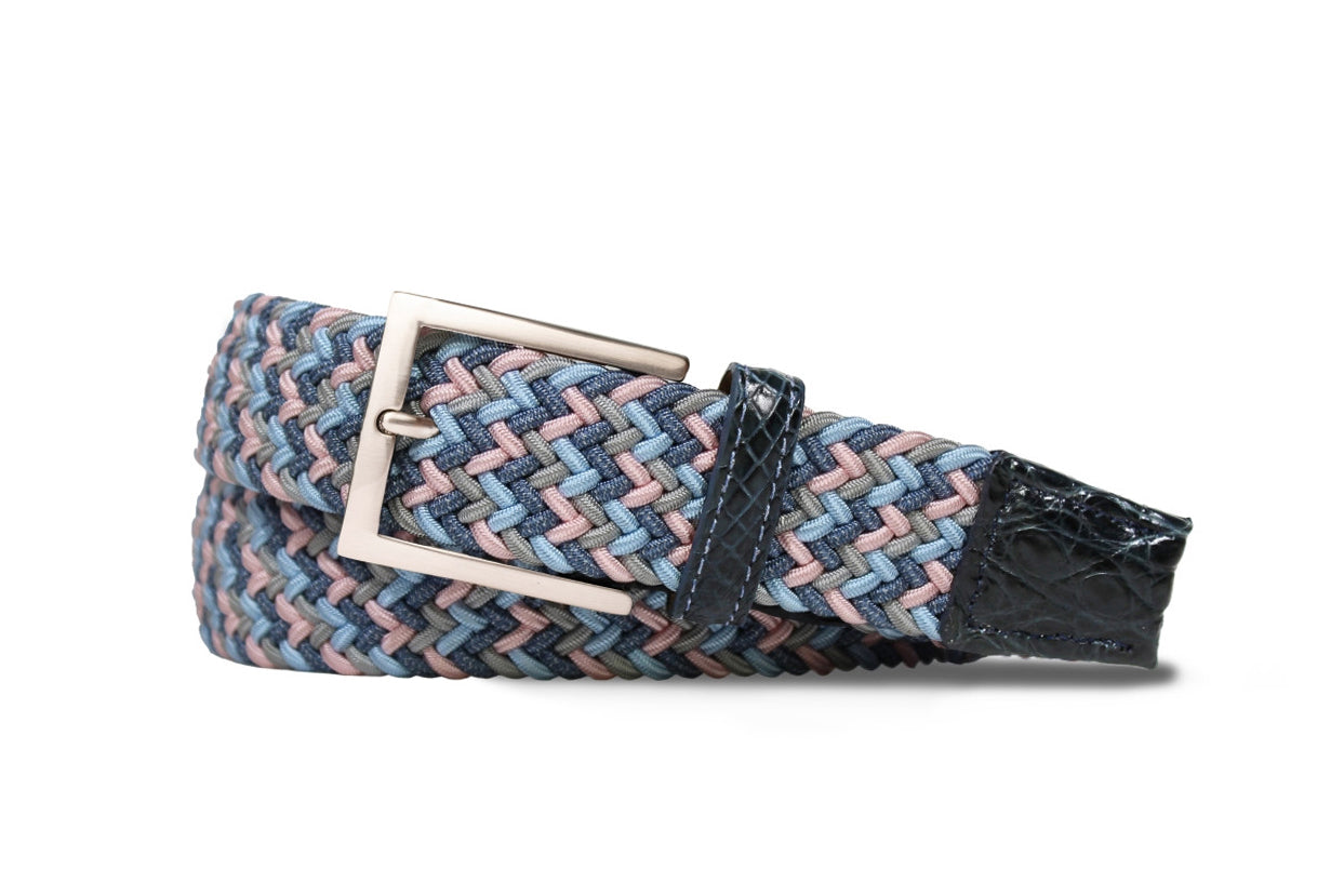 Bubblegum pink stretch belt with genuine crocodile tabs and brushed nickel buckle by w.kleinberg
