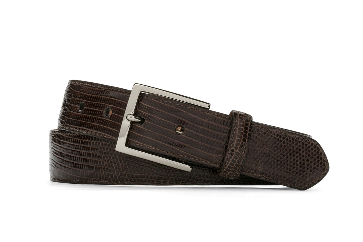chocolate Classic Lizard Belt with Nickel Buckle — w.kleinberg
