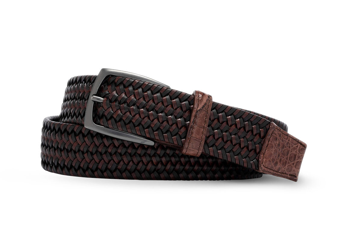 Cigar leather stretch belt with crocodile tabs and gunmetal buckle by w.kleinberg