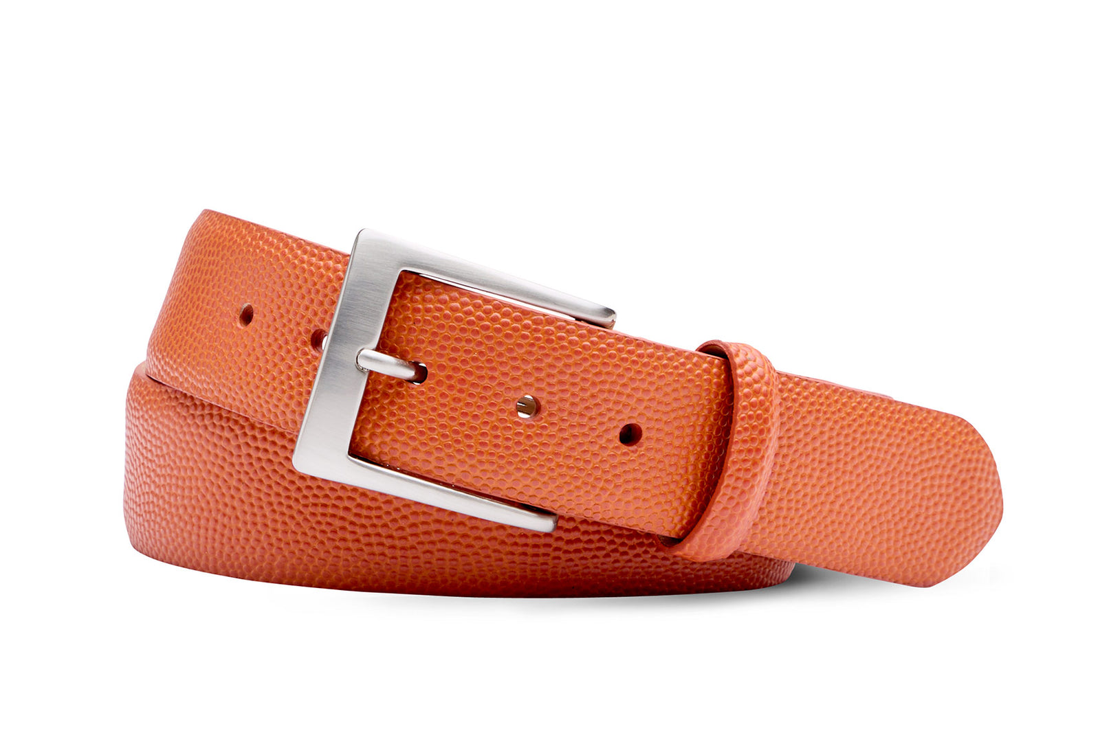 Cognac basketball calf leather belt with pebbled texture and brushed nickel buckle handcrafted in USA