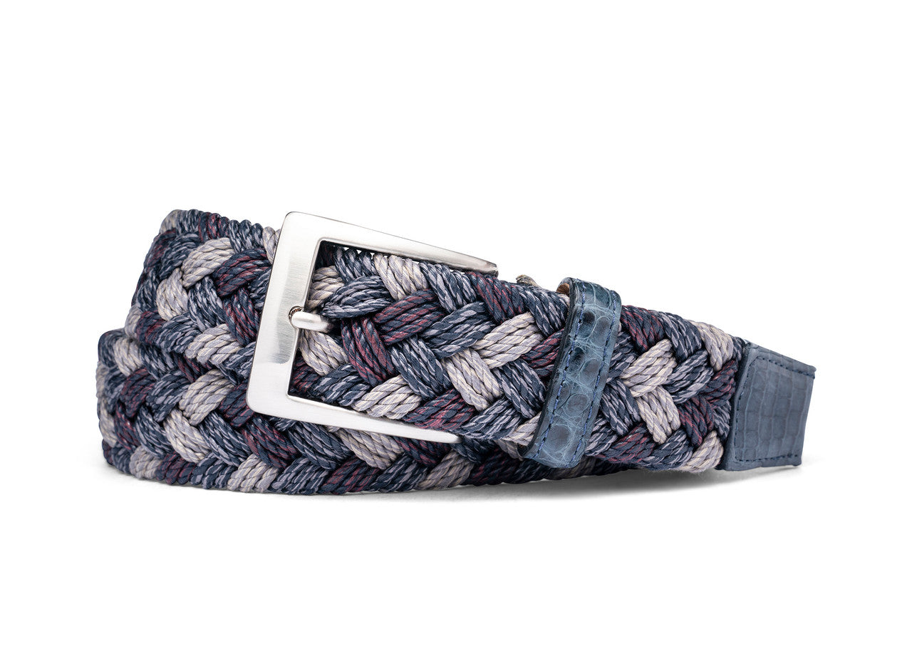 Indigo Woven Belt with Crocodile Tabs and Brushed Nickel Buckle w.kleinberg