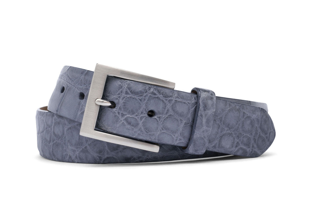 1-1/8&quot; Matte American Alligator Belt with Brushed Nickel and Gold Buckles