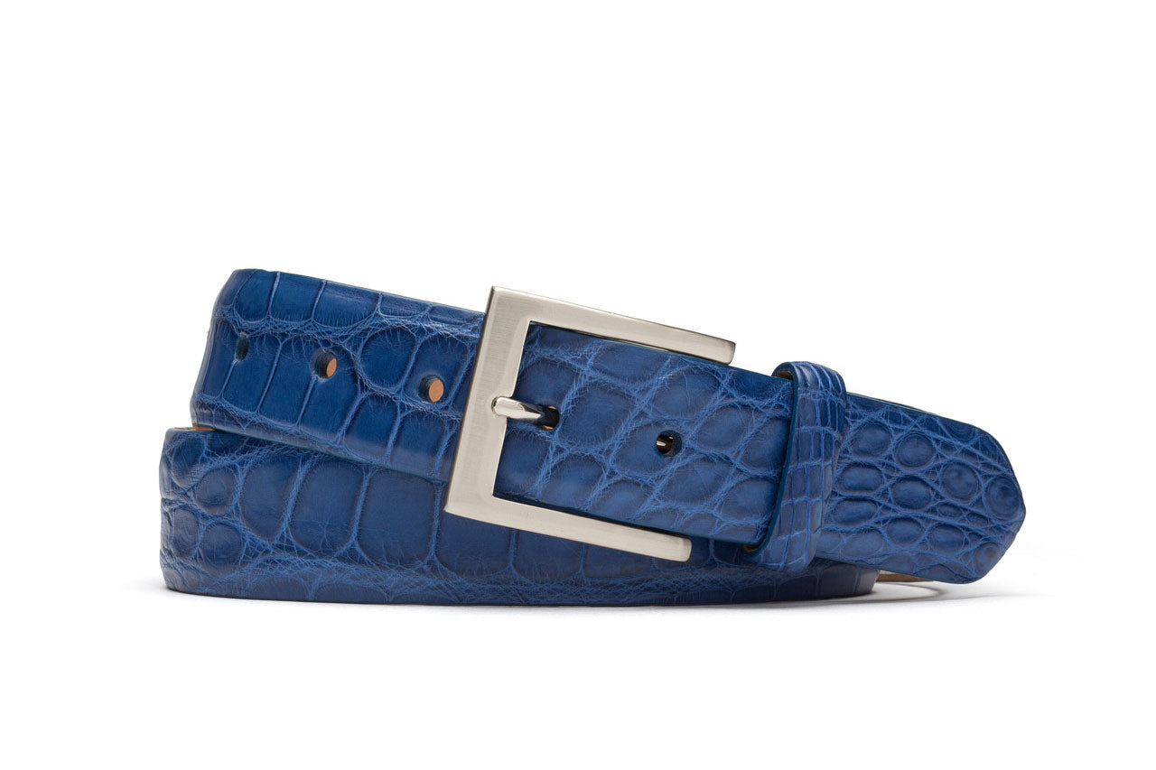 1-1/2" Matte American Alligator Belt with Brushed Nickel and Gold Buckles
