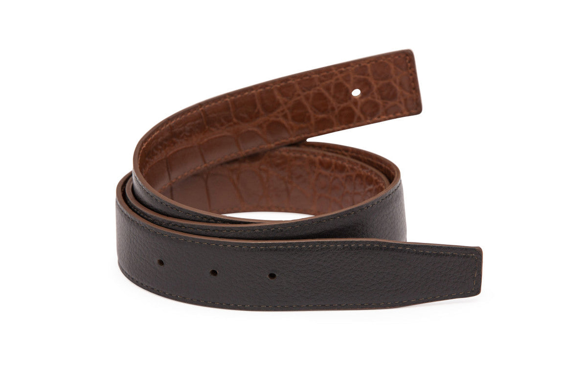 Matte Alligator and Pebbled Calf Reversible H Strap by w.kleinberg showing exotic texture and reversible design