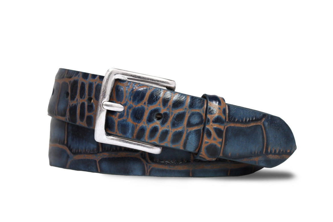 Two-Toned Embossed Crocodile Belt with Antique Silver Buckle - w 