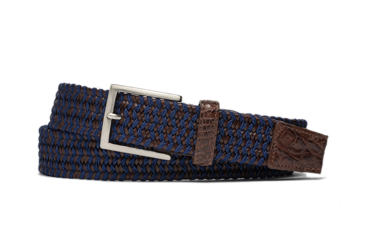 Sapphire Leather Stretch Belt with Croc Tabs and Brushed Nickel Buckle