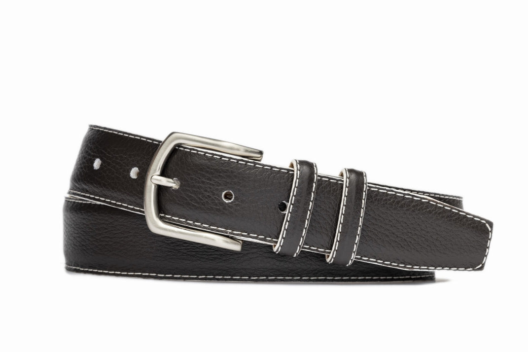 White Detail Pebbled Calf Belt with Nickel Buckle - w.kleinberg