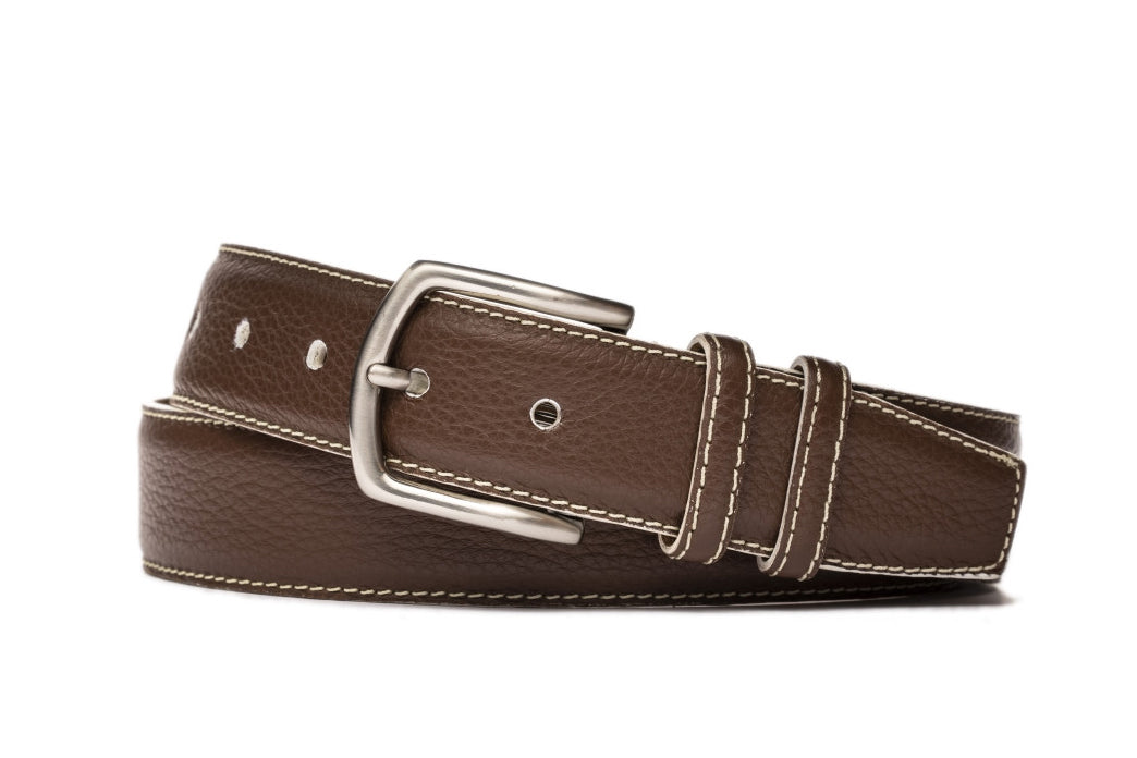 White Detail Pebbled Calf Belt with Nickel Buckle