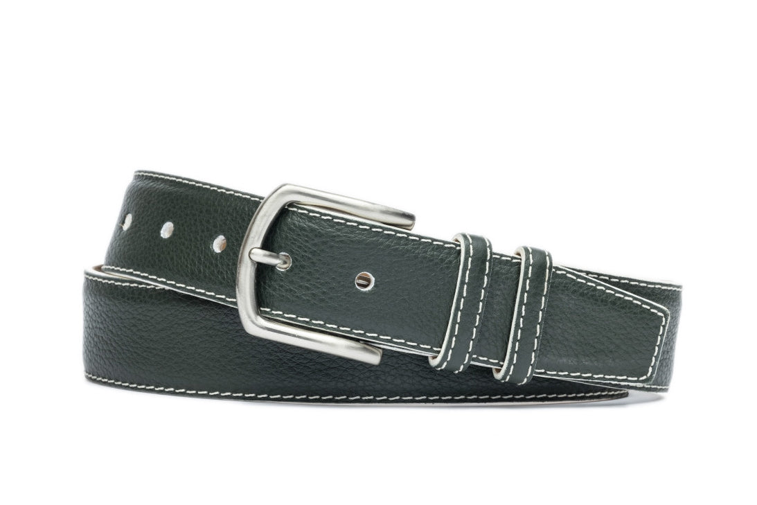 White Detail Pebbled Calf Belt with Nickel Buckle