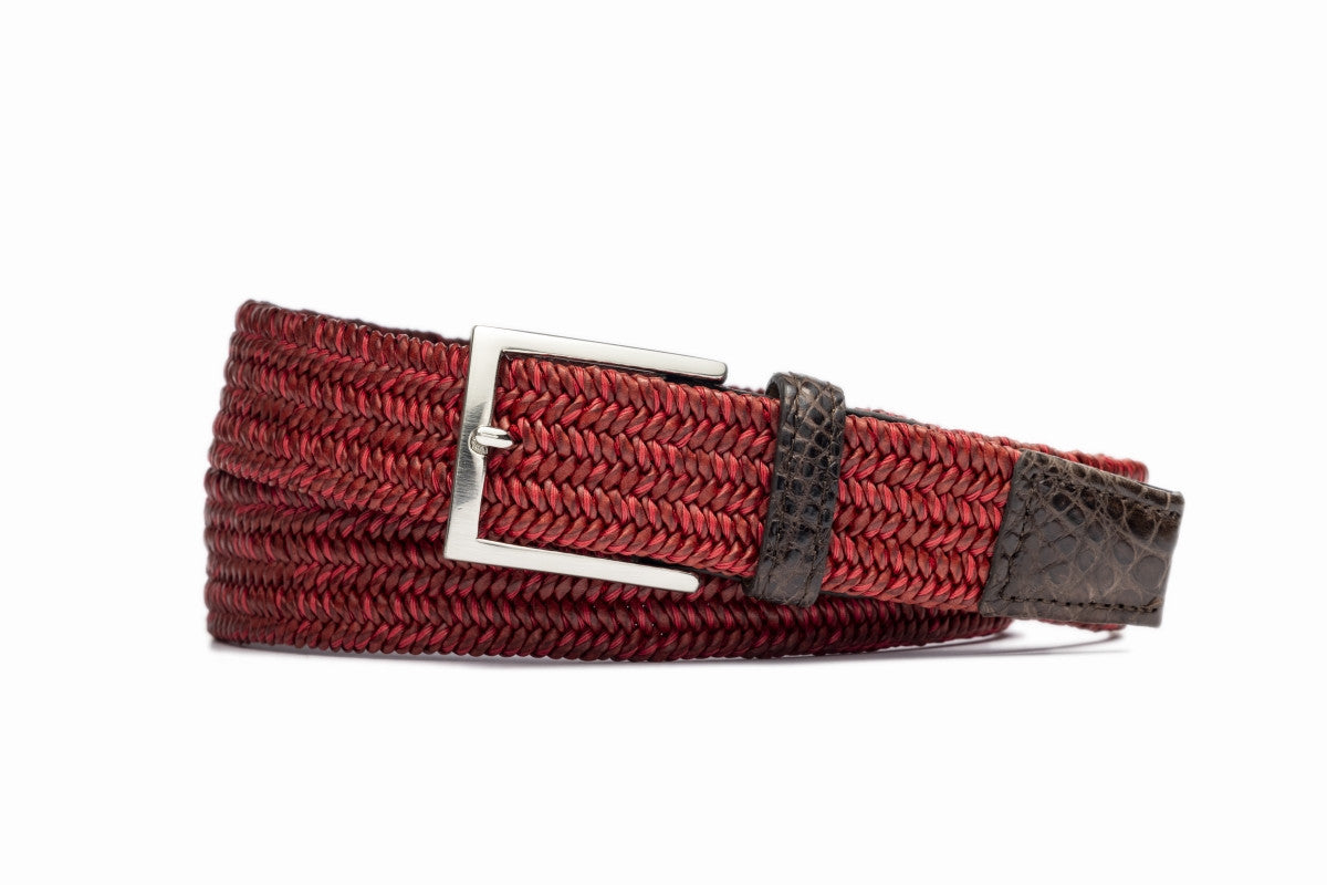 Cinnamon Stretch Belt with Croc Tabs and Brushed Nickel Buckle