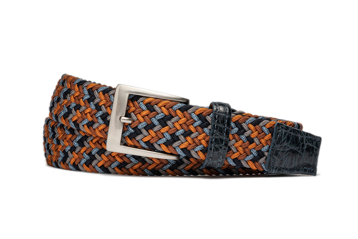 Tangerine stretch belt with genuine crocodile leather tabs and brushed nickel buckle w.kleinberg
