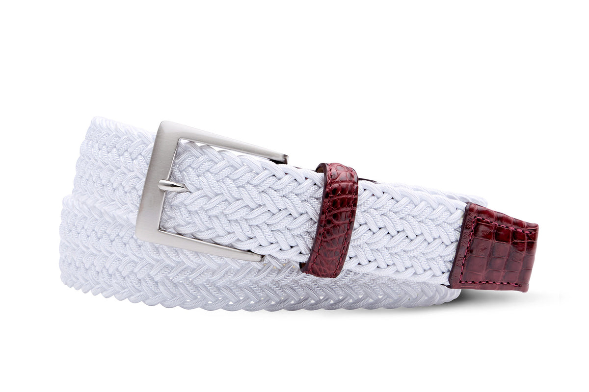 White stretch belt with genuine crocodile tabs and brushed nickel buckle by w.kleinberg