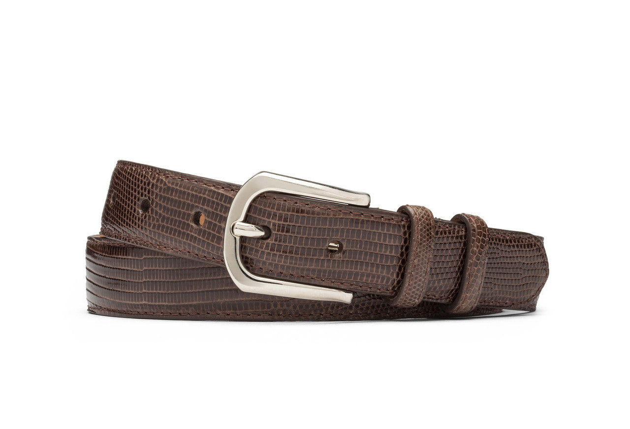 chocolate Round Buckle Lizard Belt — w.kleinberg