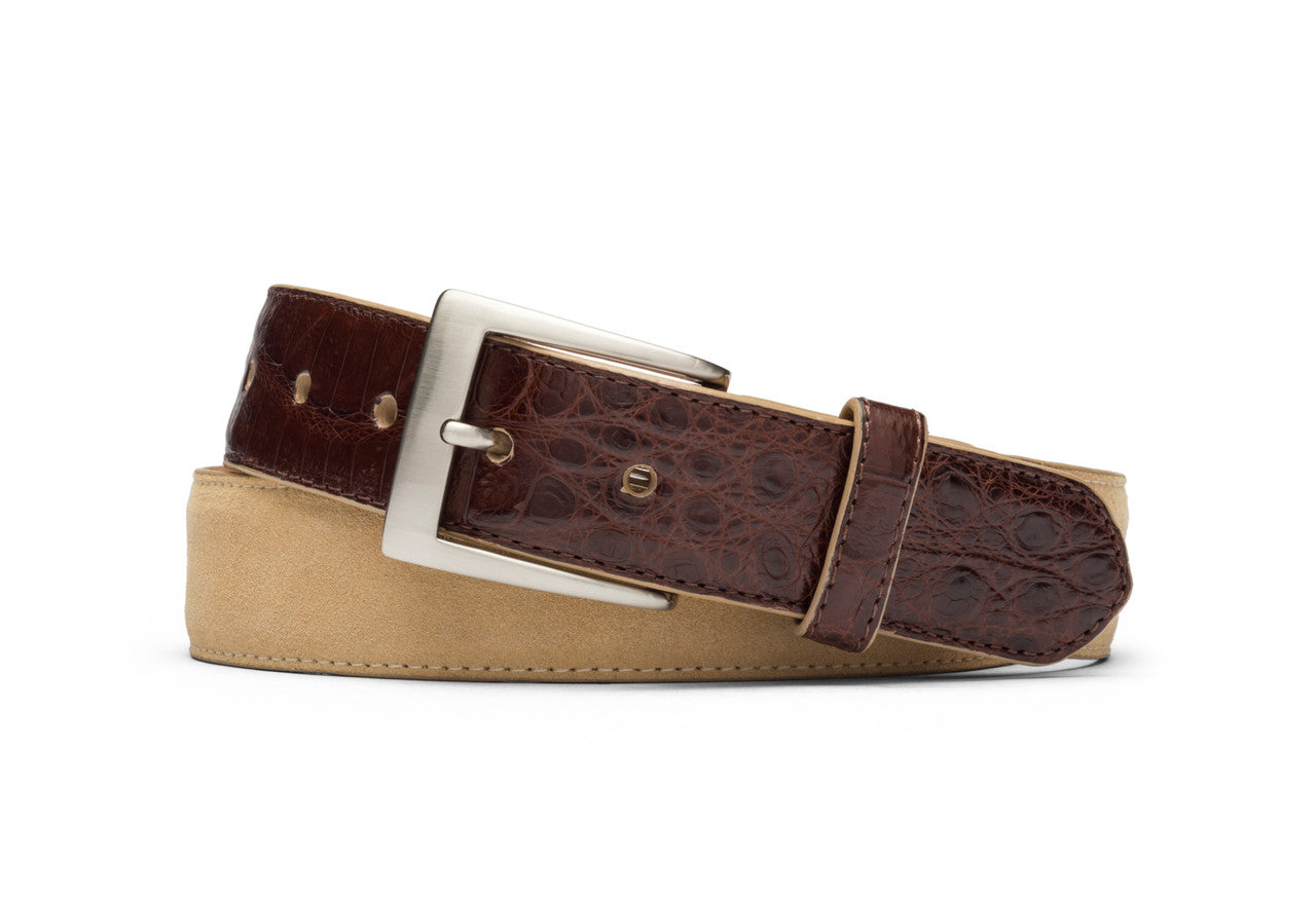 w.kleinberg Suede and Caiman Crocodile Belt with Nickel Buckle featuring textured suede strap and exotic tabs