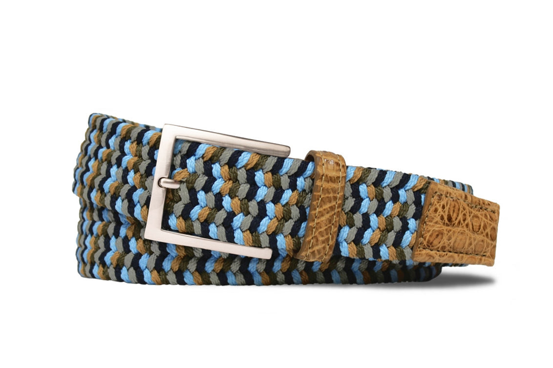 w.kleinberg caramel stretch belt with genuine crocodile tabs and brushed nickel buckle